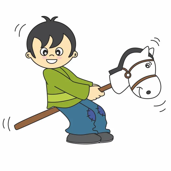 Мальчик играет с деревянной лошадью — стоковый вектор