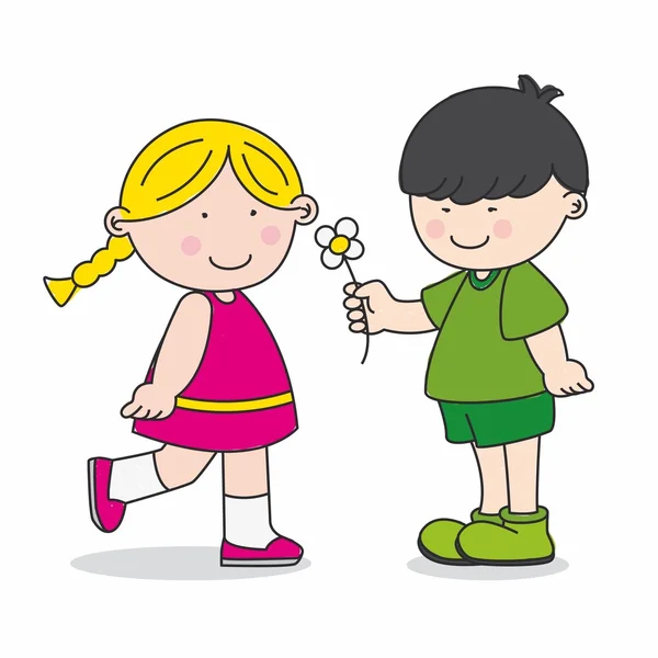Adolescent liefde. kind geeft een bloem — Stockvector