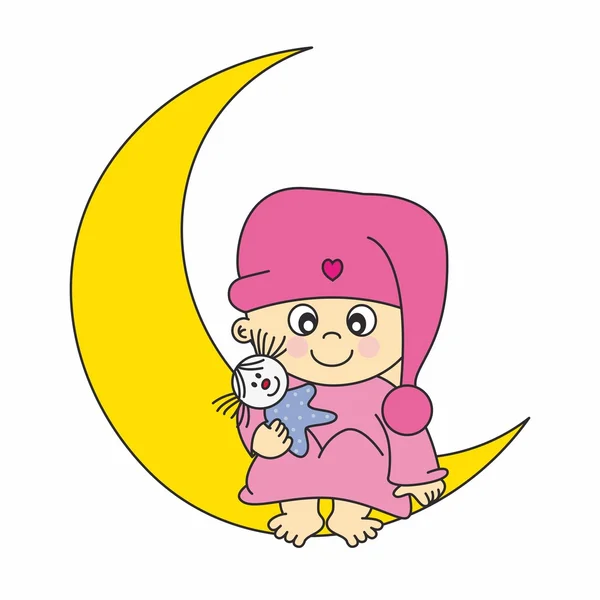 Μωρό κορίτσι κάρτα άφιξης ανακοίνωση. κοριτσάκι στο φεγγάρι — Διανυσματικό Αρχείο
