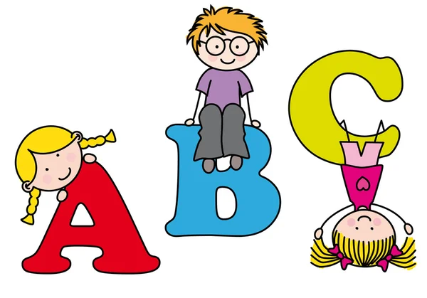 Děti hrají a učení abecedy. — Stockový vektor