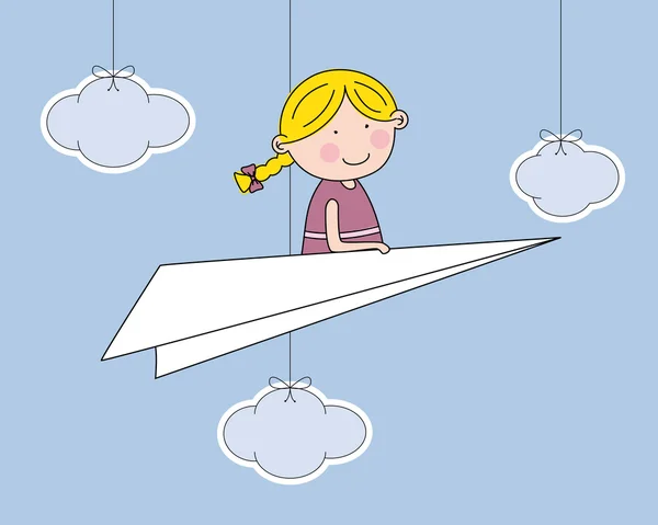 Chica volando un avión de papel — Vector de stock