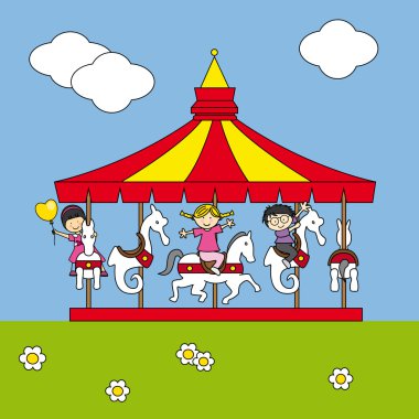 Children playing on the carousel clipart