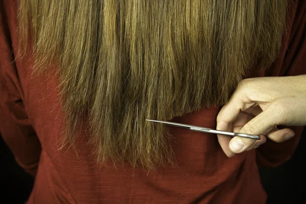Длинные волосы стригутся ножницами парикмахера — стоковое фото