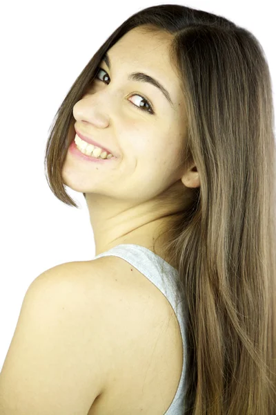 Gelukkig meisje met lange haren glimlachen — Stockfoto