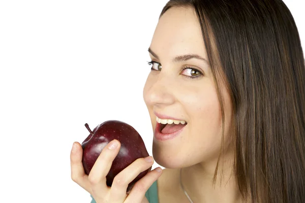 Flicka som är redo att äta äpple glad — Stockfoto