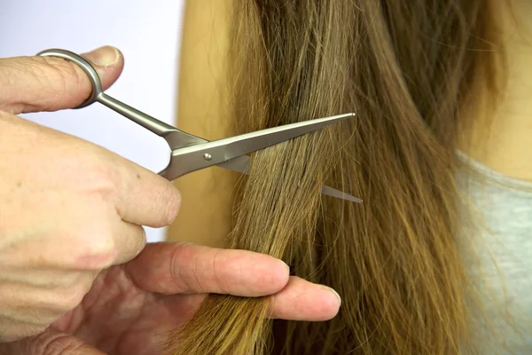 Cutting long hair with scissors — Stock Photo, Image