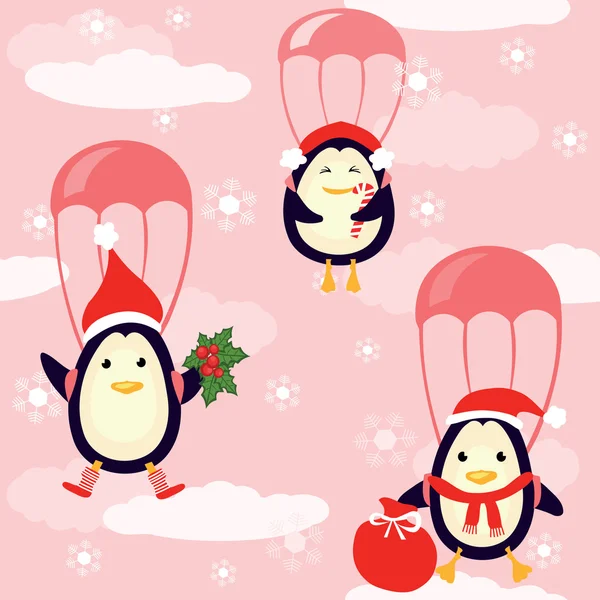 Pinguins de Natal voam no céu Ilustração De Stock