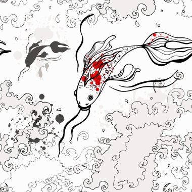 Koi fishes. Sea background. Hand drawn clipart