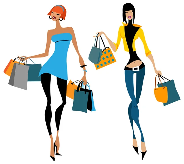 Dos mujeres con bolsas de compras — Vector de stock