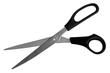 Metal scissors with black plastic handles clipart