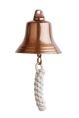 Antique brass ship's bell with a rope on a white background clipart