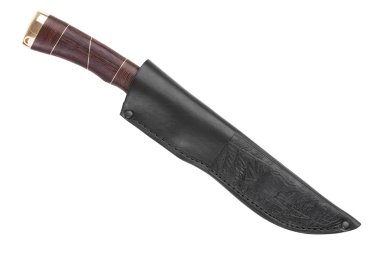 Hunting knife with wooden handle hidden in its sheath clipart