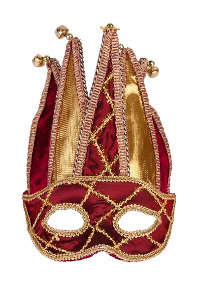 Декоративная красная золотая карнавальная маска с колокольчиками — стоковое фото