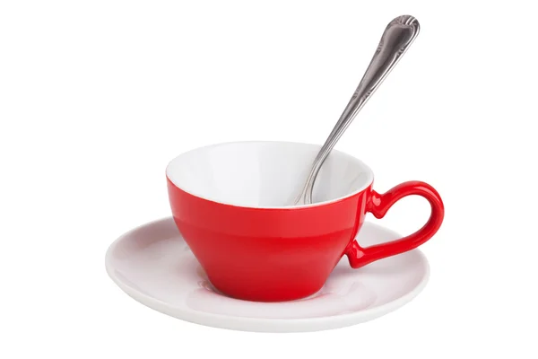 Röd kaffekoppen med sked — Stockfoto