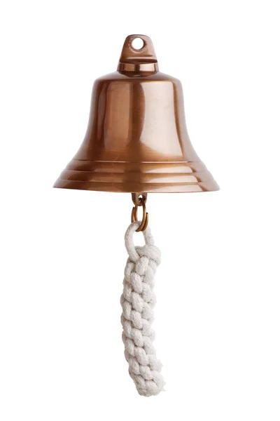 Campana in ottone antico con corda su fondo bianco — Foto Stock