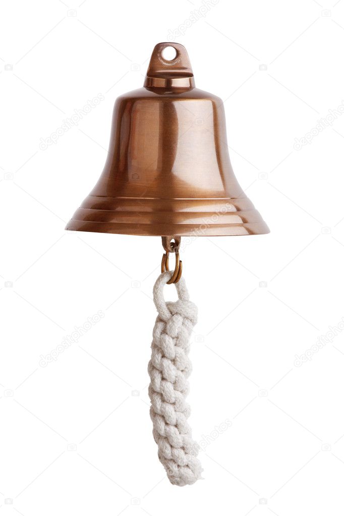 Antique brass ship's bell with a rope on a white background
