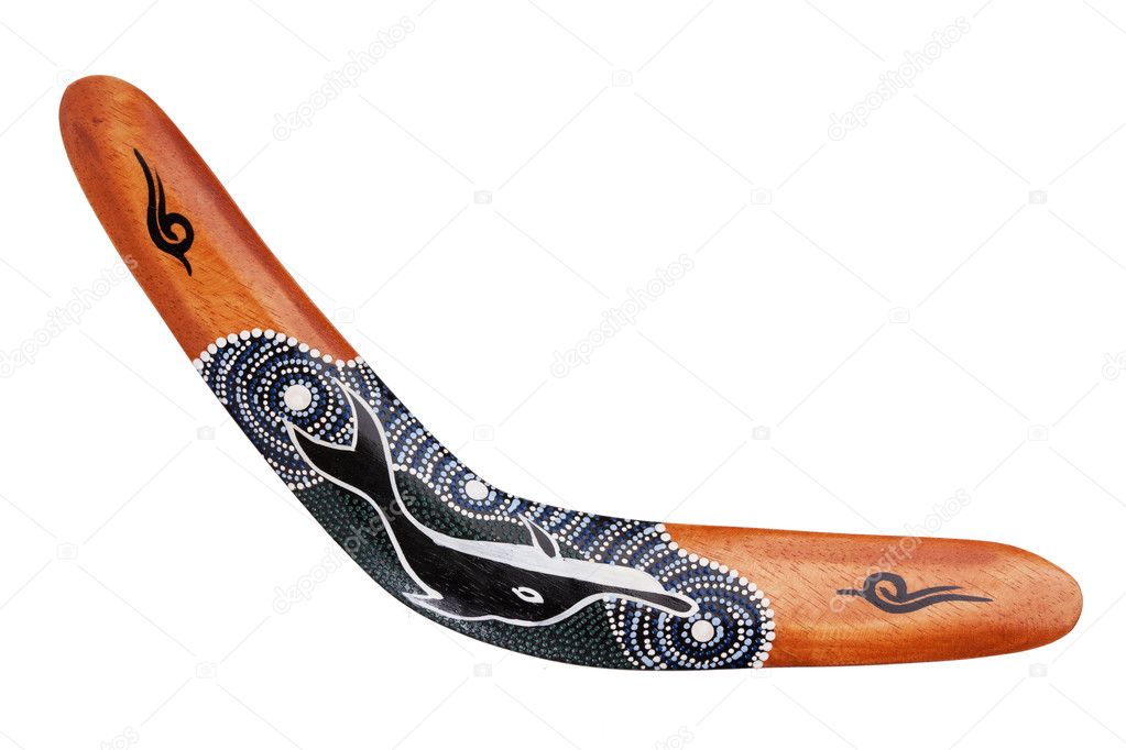 Wooden boomerang pattern decorated with a dolphin