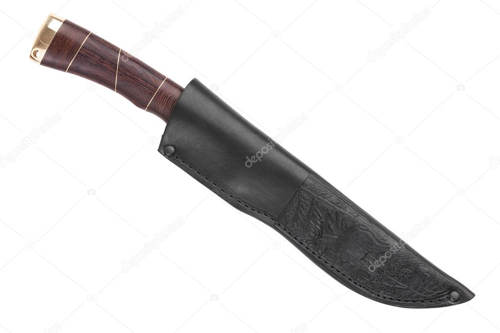 Hunting knife with wooden handle hidden in its sheath