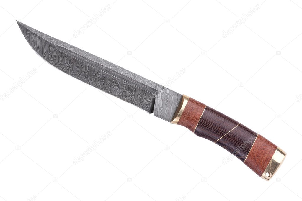 A knife with wooden handle made ??of Damascus steel
