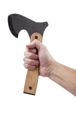 Man's hand, holding an ax on a white background clipart