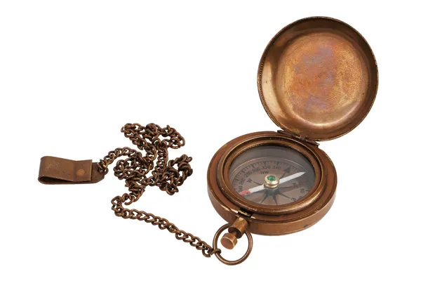 Pocket antique brass compass with chain — Stock Photo, Image