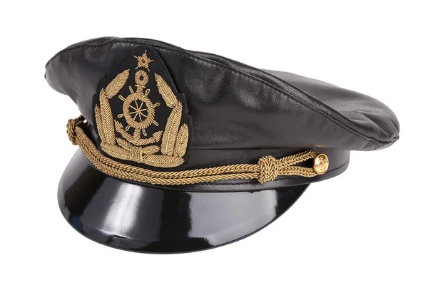 Black navy cap with the golden emblem of an anchor — Stock Photo, Image