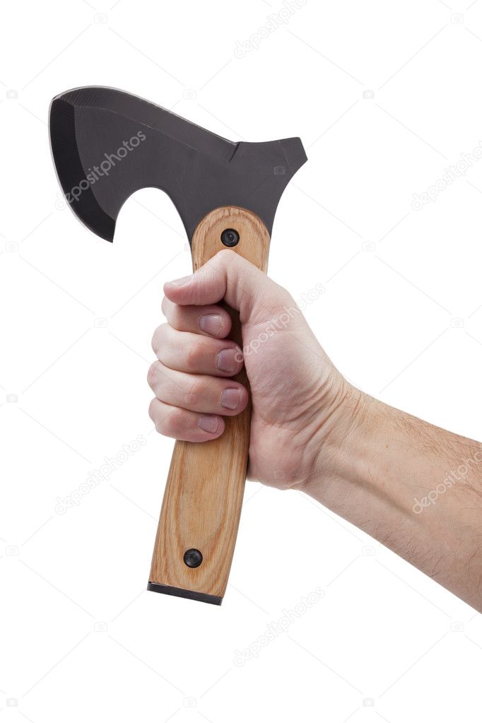 Man's hand, holding an ax on a white background