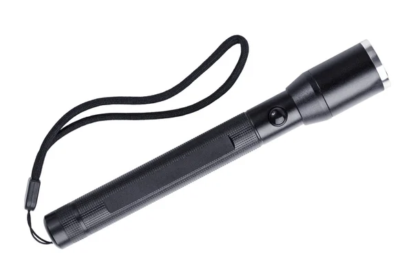 Black metal flashlight with a strap — Stock Photo, Image