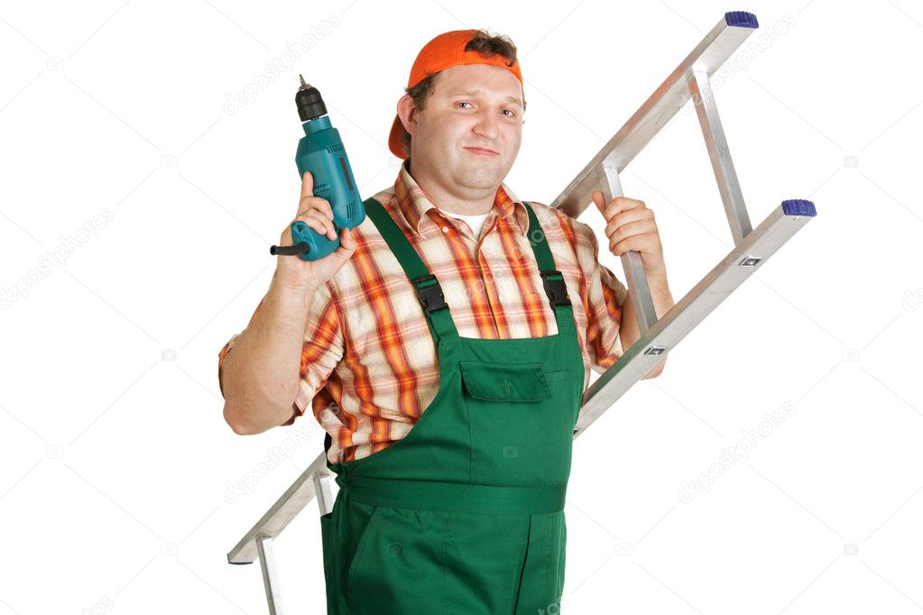 Worker, dressed in overalls with a drill aluminum ladder