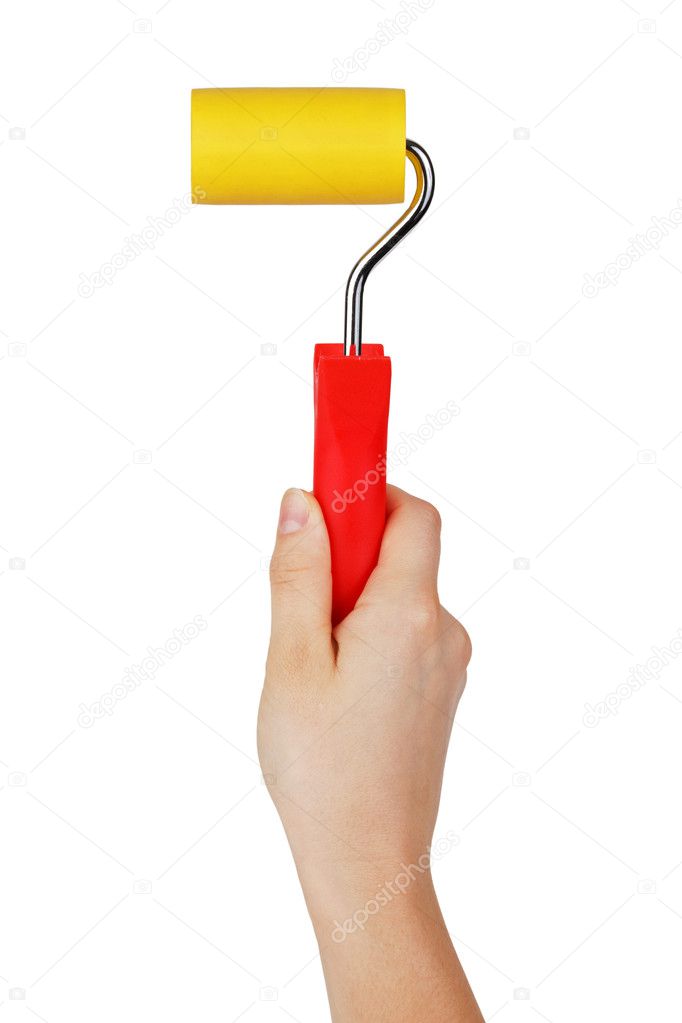Paint roller with a red handle