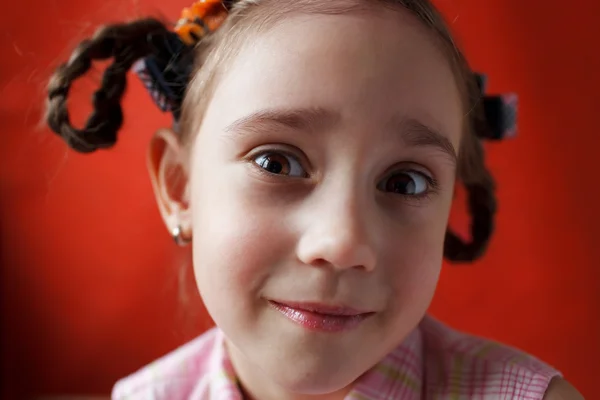 Маленькая удивленная девочка с косичками — стоковое фото