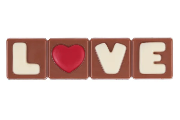 Le mot amour et cœur pour une barre de chocolat — Photo