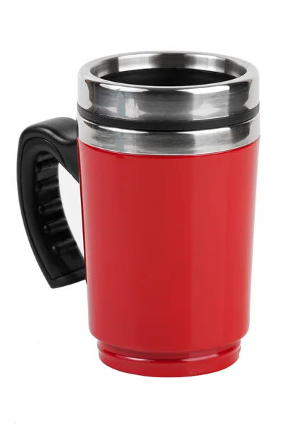 Красная чашка - термос с черной ручкой — стоковое фото