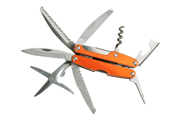 Orange set of tools as knives, scissors, corkscrew, opener — Stock Photo, Image
