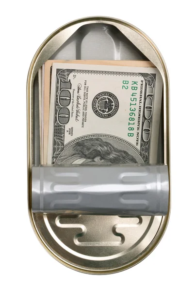 Американские доллары в жестяной банке — стоковое фото