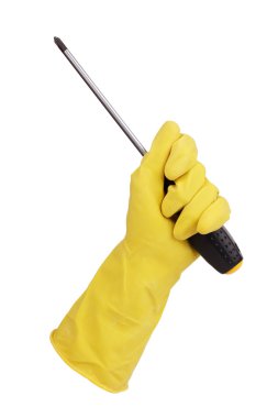 Gloved hand holding a screwdriver clipart