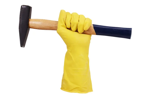 Hand in rubberen handschoen met een hamer — Stockfoto