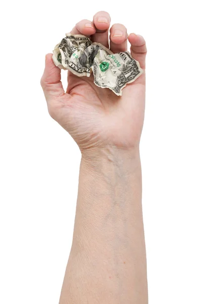 Dollar bill i sin hand en gammal man — Stockfoto