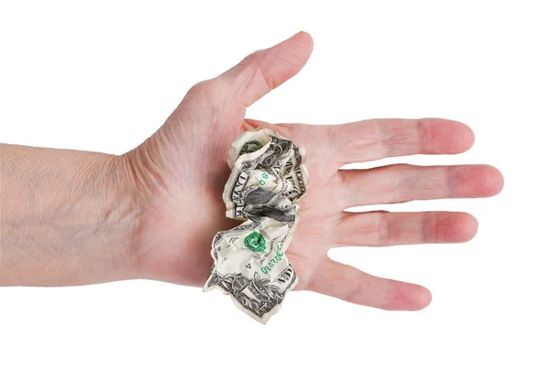 Crumpled dollar in his hand an old man — Stock Photo, Image