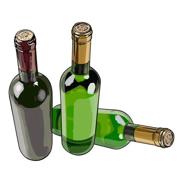 Tre bottiglie con vino rosso e bianco — Vettoriale Stock