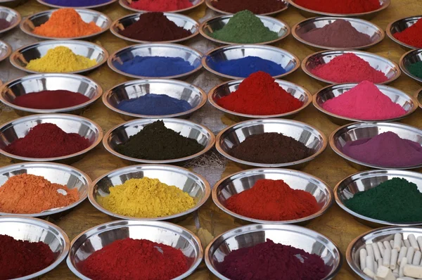 stock image Colored Powders in Silver Dishes