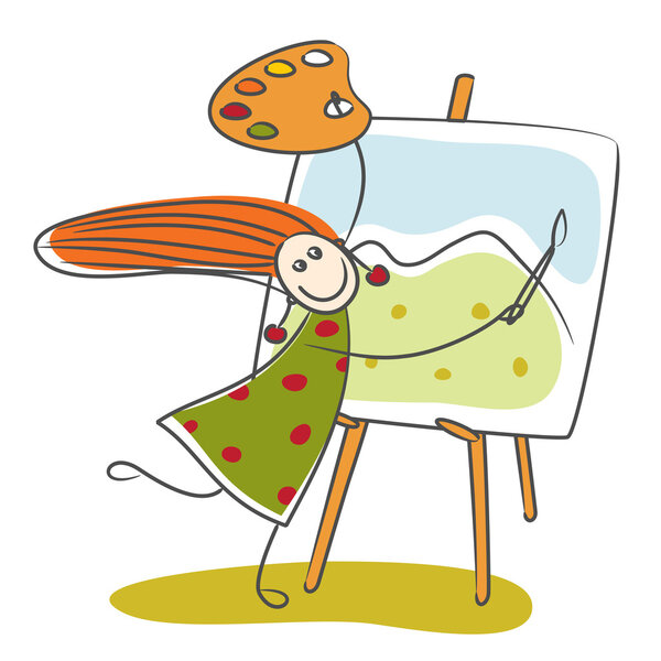 Счастливая девушка рисует горы
