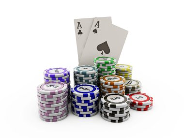 Poker fişleri ve beyaz arka plan üzerinde izole çift as