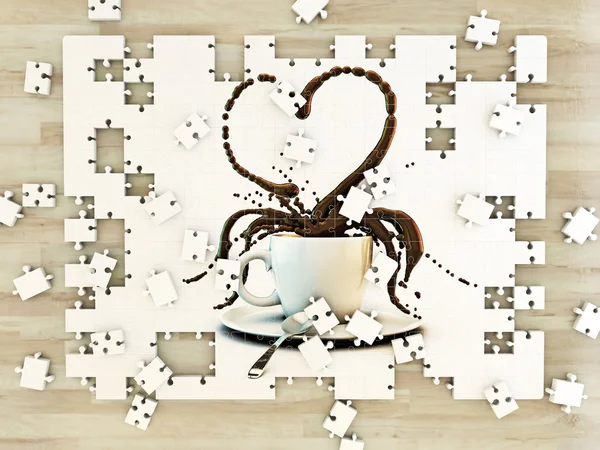 Bílý hrnek káva srdce tvar na puzzle — Stock fotografie