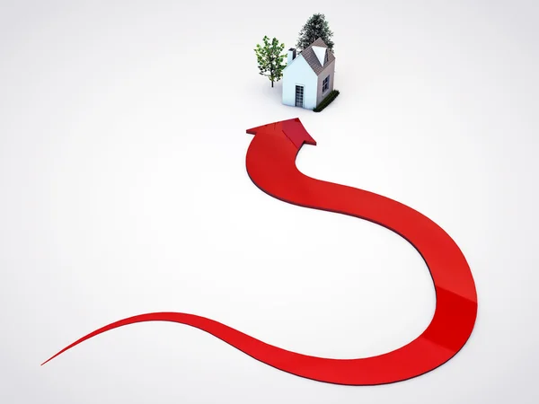 Röd pil som pekar ett hus — Stockfoto