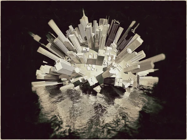 Futuristc city sinking down the sea — Stock Photo, Image