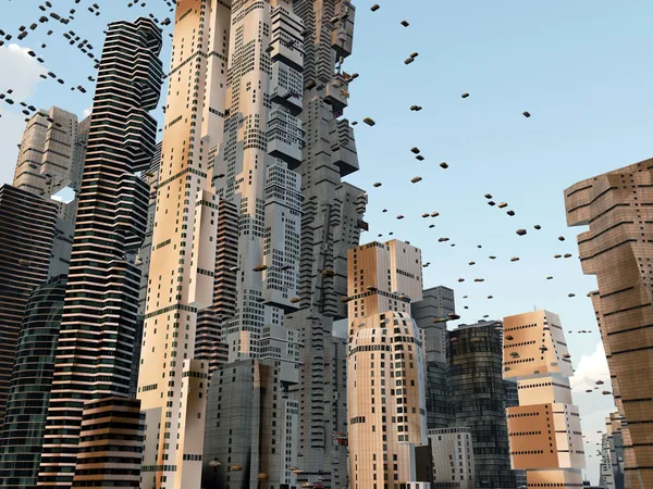 Futuro horizonte da cidade com carros voadores ao redor — Fotografia de Stock
