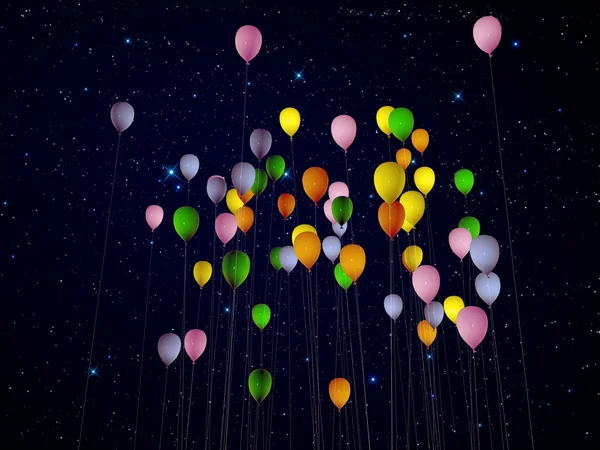 Gece yıldızların altında renkli balonlar — Stok fotoğraf