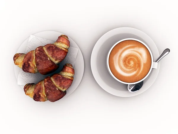 Cappuccino en croissant geïsoleerd op witte achtergrond — Stockfoto
