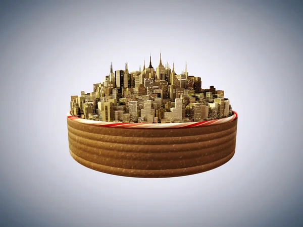 大きなケーキにダウンタウンの高層ビル — ストック写真